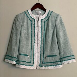 St John Sport | Tweed Fringe Beaded Zip Jacket | Aqua and White | P